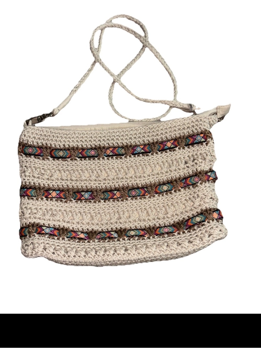 Boho Crochet Crossbody Bag in Cream with Multicolor Trim